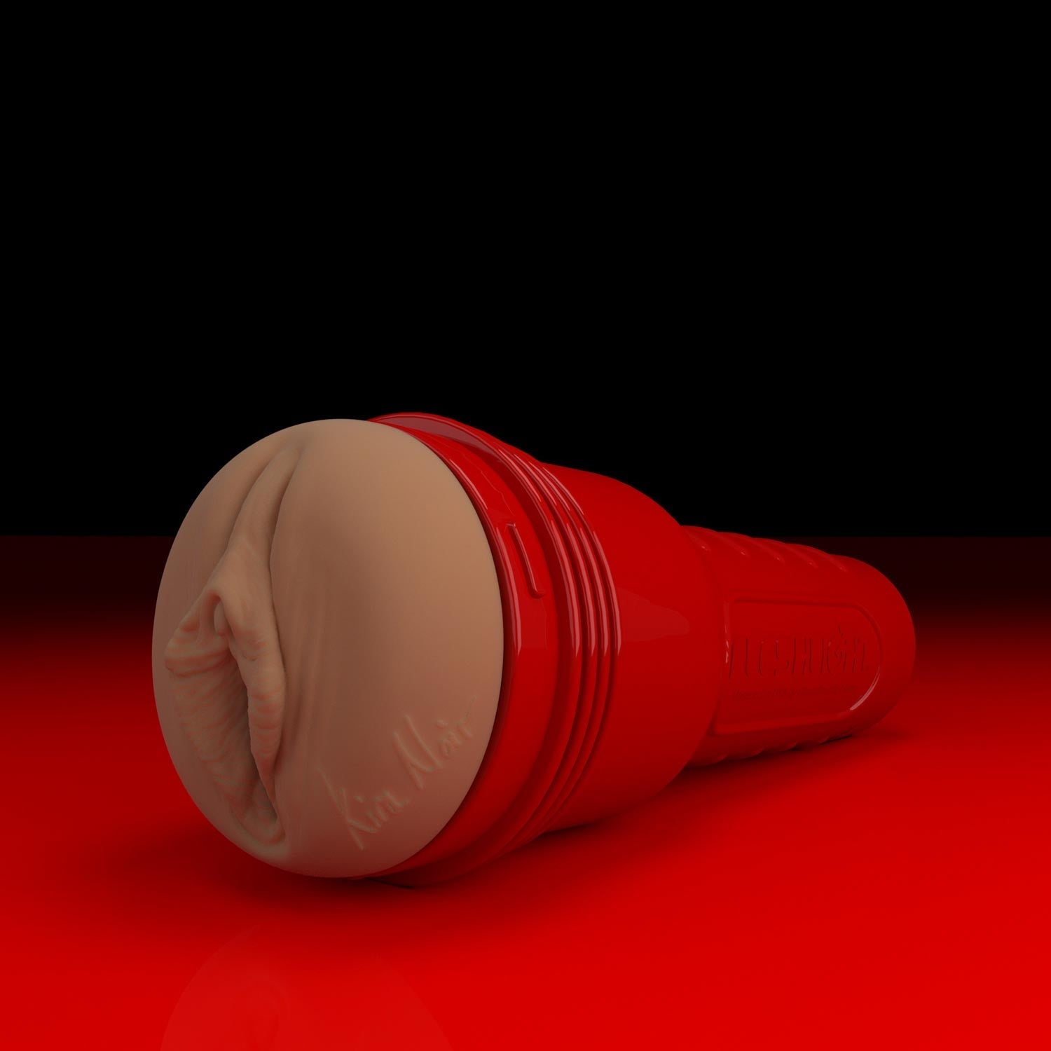 Angled shot of Kira Nior Ricky's Room pussy Fleshlight in red case. 
